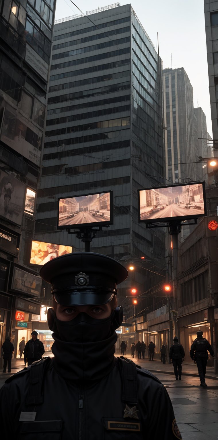 Create a dystopian scene inspired by George Orwell's 1984, featuring a grim, overcast cityscape with towering,((((CCTV everywhere)))) oppressive buildings. The central focus is a large telescreen broadcasting propaganda, surrounded by citizens in drab, uniform clothing, their expressions somber and fearful. The composition is framed to show the vastness of the city and the smallness of the individuals, with harsh, shadowed lighting to emphasize the bleak atmosphere. The scene captures the essence of surveillance and control, with subtle hints of rebellion and resistance in the background.
