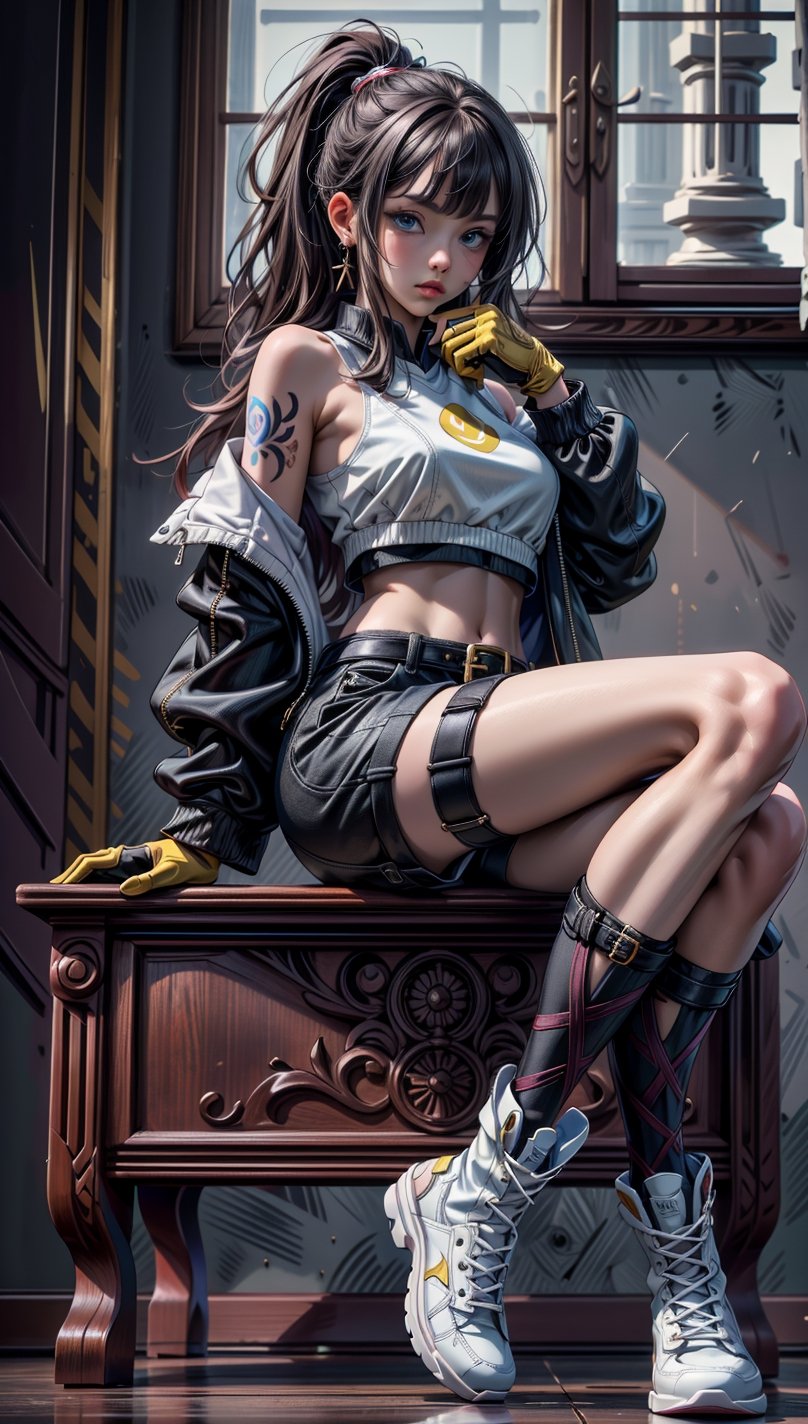 ((masterpiece, high quality, best quality, 8k, fine lineart, highly detailed, absurdres)), body tattoo, 1girl, solo, long hair, breasts, looking at viewer, bangs, blue eyes, brown hair, shirt, gloves, bare shoulders, jewelry, medium breasts, sitting, jacket, full body, ponytail, earrings, boots, shoes, shorts, sleeveless, black gloves, socks, belt, indoors, fingerless gloves, off shoulder, lips, crop top, bare legs, black shorts, from below, sunlight, black socks, sneakers, yellow shirt, ankle boots
