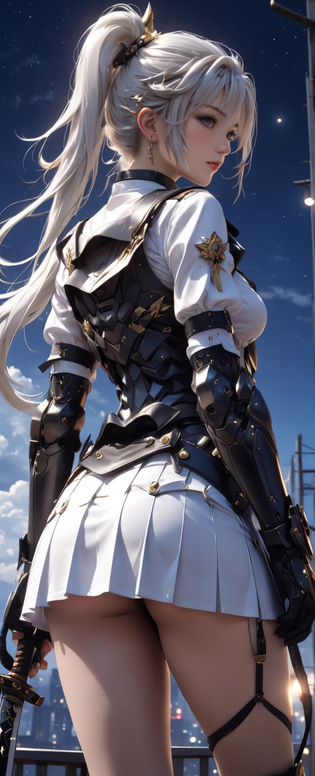 masterpiece,best quality,official art, extremely detailed CG unity 8k wallpaper,exquisite facial features,prefect face,shiny skin,Cinematic Lighting,metallic luster1girl, full body,solo, back at the view,full moon, long white hair, skirt, thighhighs, twintails, school uniform, standing, ponytail, weapon, sky, serafuku, sword, from behind, high heels, night, moon, night sky, 