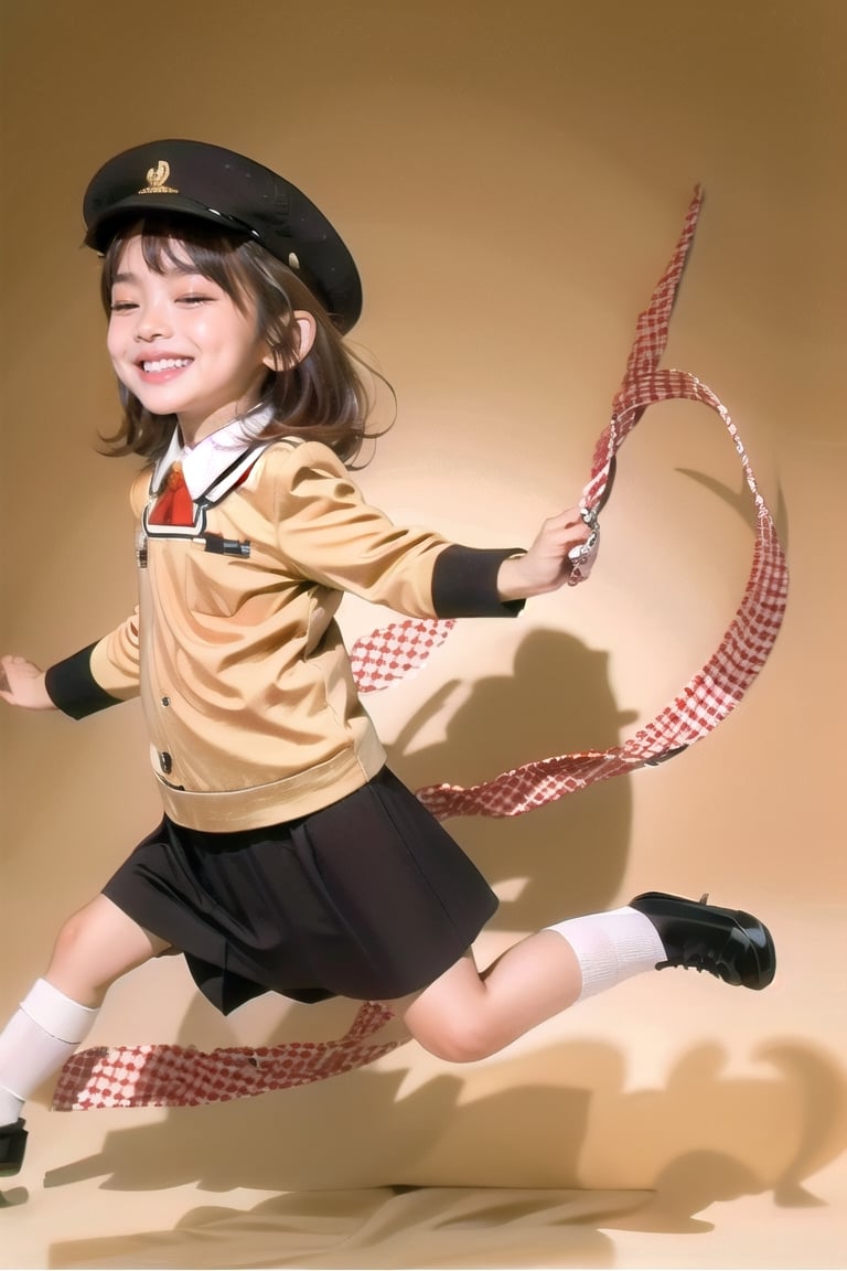 1girl, solo, looking at viewer, blush, smile, bangs, simple background, shirt, hat, white background, school uniform, white shirt寫著血小板, upper body, collared shirt, signature, medium hair, grin, black dress, red ribbon, half-closed eyes, child, meme, smug, eden academy school uniform