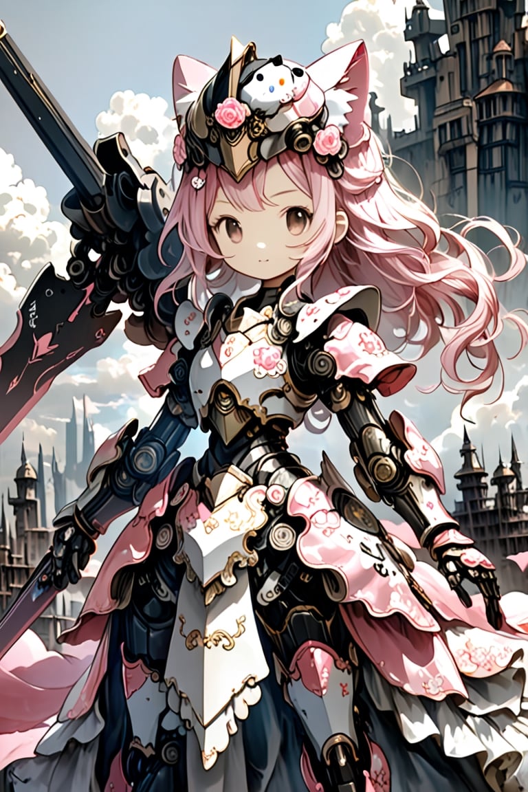 (HELLO KITTY),
Princess Knight penda, is adorned in a pink and white knight's armor, with the helmet featuring the adorable face of  penda, armor is adorned with intricate lace and frills, emitting a sweet fragrance,sticker,mecha