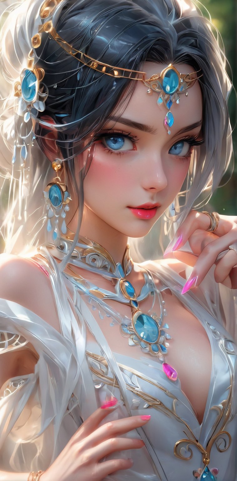 A stunning white-skinned female sits solo,  her long black hair cascading down her white like a waterfall. Her piercing bl...