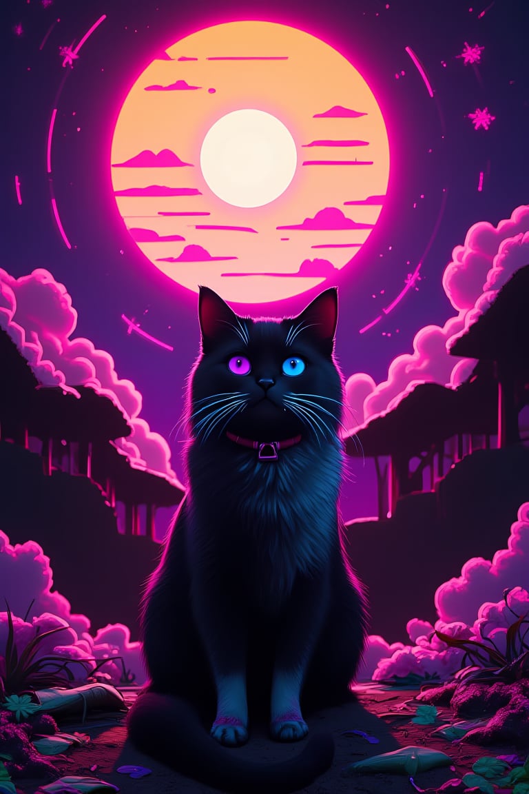 cat viewing a full sun, morning centered, Cyberpop, gouache, cow-boy shot, Simulation, 100mm, Projection mapping, iridescent colors, abstract, glow stick lighting, 8K 