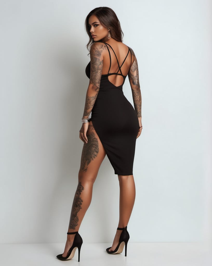 Generate hyper realistic image of a beautiful tanned girl with a strong and intricate aesthetic, blending elements of nature, tattoos. She is wearing revealing strappy lingerie (bodystocking) showcasing her detailed tattoos. Black stiletto high heel shoes. The outfit is minimalistic, focusing attention on her tattoos and overall physique. she is adorned with elaborate monochromatic tattoos. The tattoos are detailed and intricate. Additional tattoos can be seen on her neck and other parts of her body, enhancing her fierce and warrior-like appearance. She has wide hips and a fit body.  Her brown hair is wavy and ((extremely long:1.8)). ((Hair extensions)). She has very long fingernails. She has a narrow face with a high forehead and (straight, thin eyebrows) and a narrow nose. She has a friendly expression. The brown hair adds to her striking look, providing a stark contrast to her tattoos
,p3rfect boobs,cleavage,