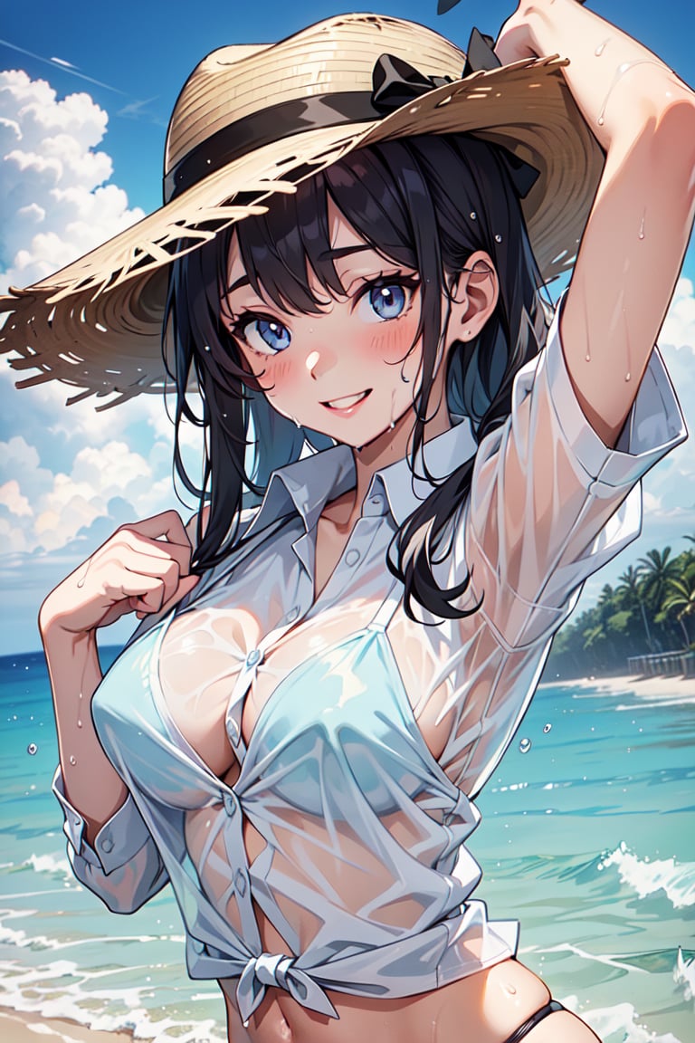 score_9, score_8_up, score_7_up, score_6_up, score_5_up,1girl, (in water:1.3), panama hat , (white shirt), see-through white collar shirt, oversized shirt, wet shirt, smile, sweating, mini bikini bottom