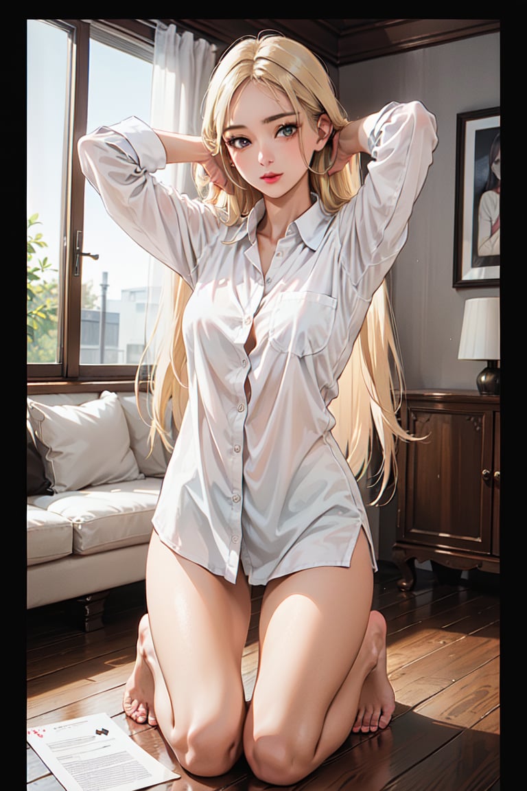 anna, a Pretty woman, 1girl, 22yo, athlete body, stunning, very long hair, double eyelids, detailed eyes, glossy plump lips, lipstick, makeup, look at camera, Best quality, 8k, 32k, Masterpiece, realistic, UHD, perky breasts, round medium breasts, oversize white shirt, (staff id card:1.2), lower body photograph, inside home, blonde hair, hands in hair, kneeling_down, holding document