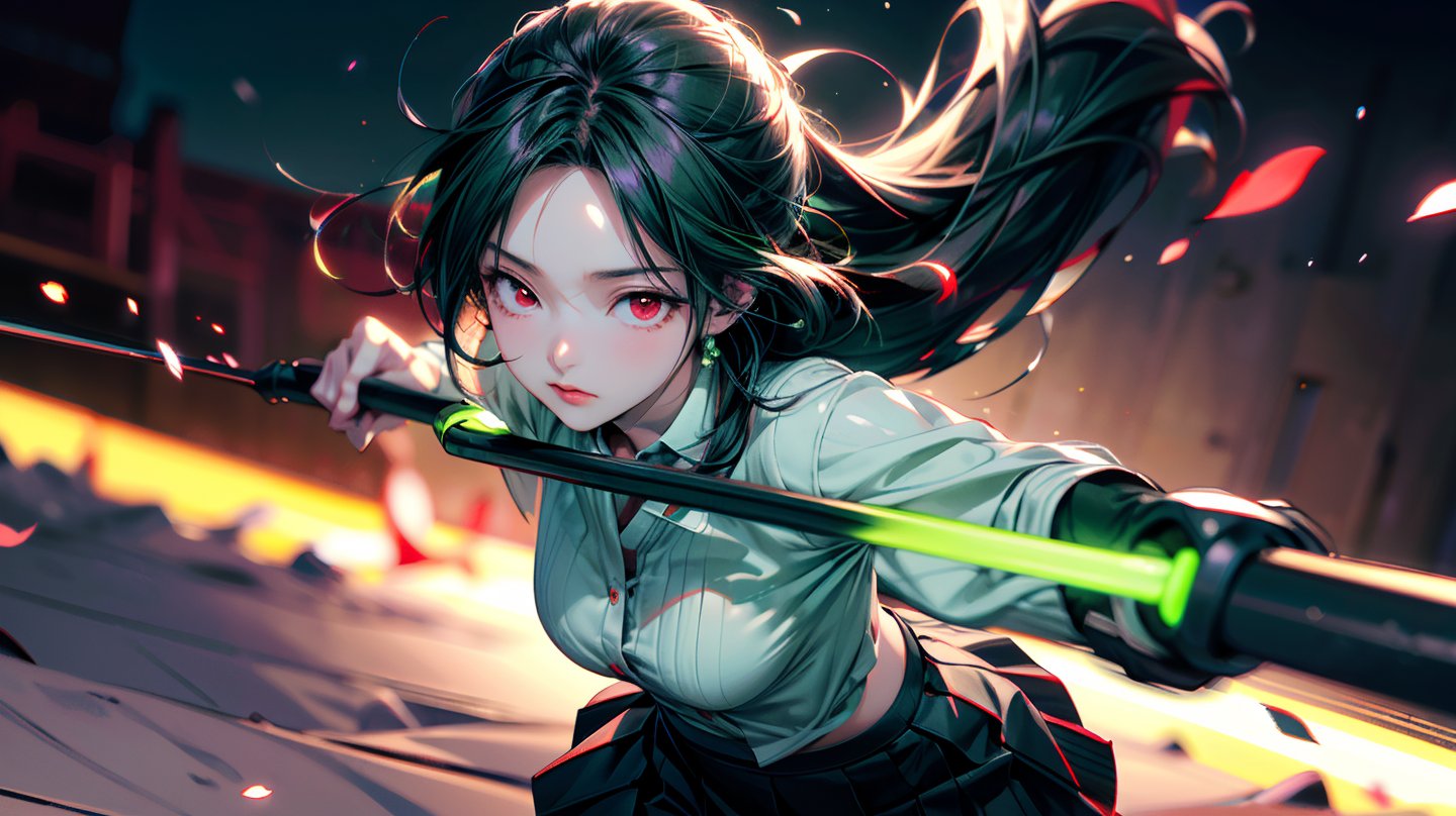 Japanese Anime,Second Dimension,Japanese Anime,1 girl swinging a tachi,White long hair,Anime style,body movements,(((red eyes:1.1))),(((Black pleated skirt))),Elegant Posture、Red Moon、dark purple tones,Elegant and atmospheric。,(((Fluorescent green whip：1.37。Motion blurred,Motion Blur))),Petals in the sky,Blurred foreground,((close up from random angle shot)), 