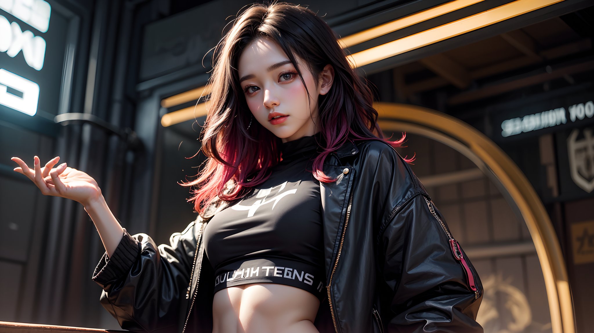 1girl, most beautiful korean girl, Korean beauty model, stunningly beautiful girl, gorgeous girl, 20yo, Avant-garde hairstyles, straight hair, looking at viewer, dark gothic cyberpunk woman, defiant face, pastel colors, in clothes, colorful hair, light yellow sweatshirt, pants, high detail, huoshen, TheLastOfUs, mgln,masterpiece, upper body photo, (from head to waist photo), from below:1.3, slim waist, 