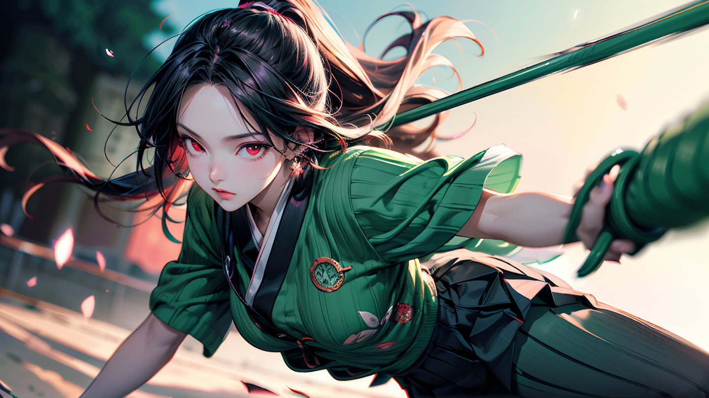 Japanese Anime,Second Dimension,Japanese Anime,(1 girl swinging a tachi, spear, whip),White long hair,Anime style,body movements,(((red eyes:1.1))),(((Black pleated skirt))),Elegant Posture、Red Moon、dark purple tones,Elegant and atmospheric。,(((Fluorescent green whip：1.37。Motion blurred,Motion Blur))),Petals in the sky,Blurred foreground,((close up from random angle shot)), 