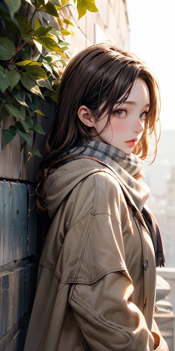 (solo),1girl\(long brown hair, cute, autumnal attire, scarf, coat, boots, pinching leaves\(which are shining golden through the sunlight),full body\\),(from side:1.3), long shot, simple minimalism white background, BREAK ,quality\(masterpiece, best quality,8k,wallpaper of extremely detailed CG unit, high resolution, top-quality, top-quality real texture skin, hyper realistic, increase the resolution, RAW photos, best quality, highly detailed, the wallpaper,golden ratio,high saturation realism, vibrant colors, dramatic lighting, persuasive storytelling, atmospheric scenery, captivating visuals, intricate details, strong emotions,dreamlike world\),Mizuki_Lin