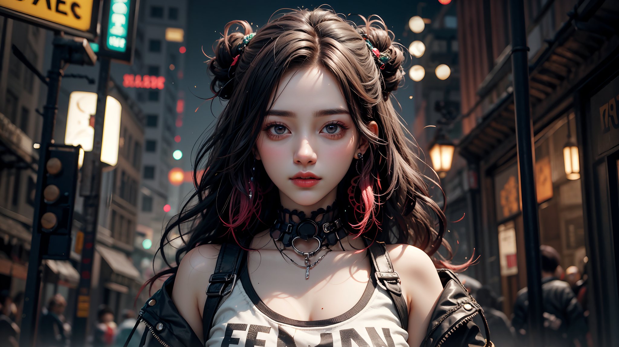 1girl, most beautiful korean girl, Korean beauty model, stunningly beautiful girl, gorgeous girl, 20yo, over sized eyes, Avant-garde hairstyles, looking at viewer, dark gothic cyberpunk woman, defiant face, pastel colors, in clothes, colorful hair, light yellow sweatshirt, pants, black, with pink, guns hd, high detail, huoshen, TheLastOfUs, mgln,masterpiece, upper body photo, (from head to waist photo), from below:1.3