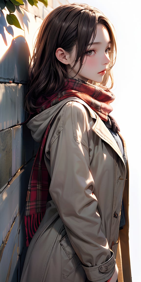 (solo),1girl\(long brown hair, cute, autumnal attire, scarf, coat, boots, pinching leaves\(which are shining golden through the sunlight),full body\\),(from side:1.3), long shot, simple minimalism white background, BREAK ,quality\(masterpiece, best quality,8k,wallpaper of extremely detailed CG unit, high resolution, top-quality, top-quality real texture skin, hyper realistic, increase the resolution, RAW photos, best quality, highly detailed, the wallpaper,golden ratio,high saturation realism, vibrant colors, dramatic lighting, persuasive storytelling, atmospheric scenery, captivating visuals, intricate details, strong emotions,dreamlike world\),Mizuki_Lin