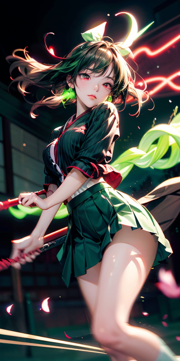 Japanese Anime,Second Dimension,Japanese Anime,(1 girl swinging a tachi, spear, whip),White long hair,Anime style,body movements,(((red eyes:1.1))),(((Black pleated skirt))),Elegant Posture、Red Moon、dark purple tones,Elegant and atmospheric。,(((Fluorescent green whip：1.37。Motion blurred,Motion Blur))),Petals in the sky,Blurred foreground,((close up from random angle shot)), 