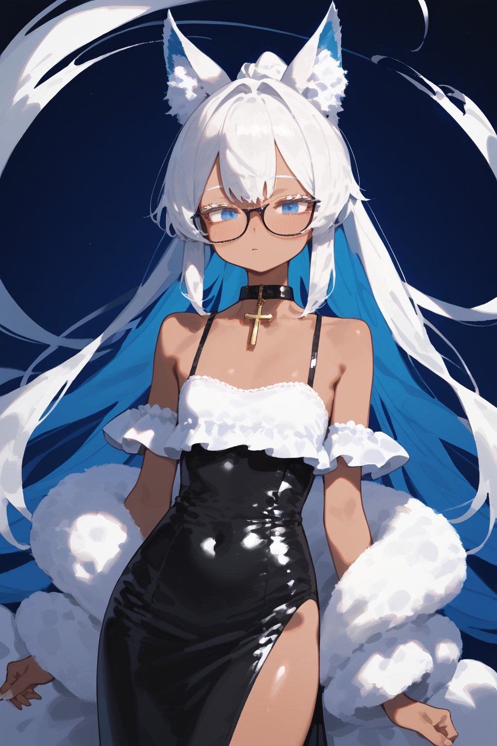 score_9, score_8, score_7,masterpiece, best quality,Tekeli,white fox ears,animal ear fluff,white fox tail,white hair,blue inner hair,long ponytail,sidelocks,((white eyelashes)),(blue eyes:1.3),blue_glasses,fashion,crucifix_collar,blush,off-shoulder,flat chest,otoko no ko,((tanned skin,wheatish complexion,dark skin))