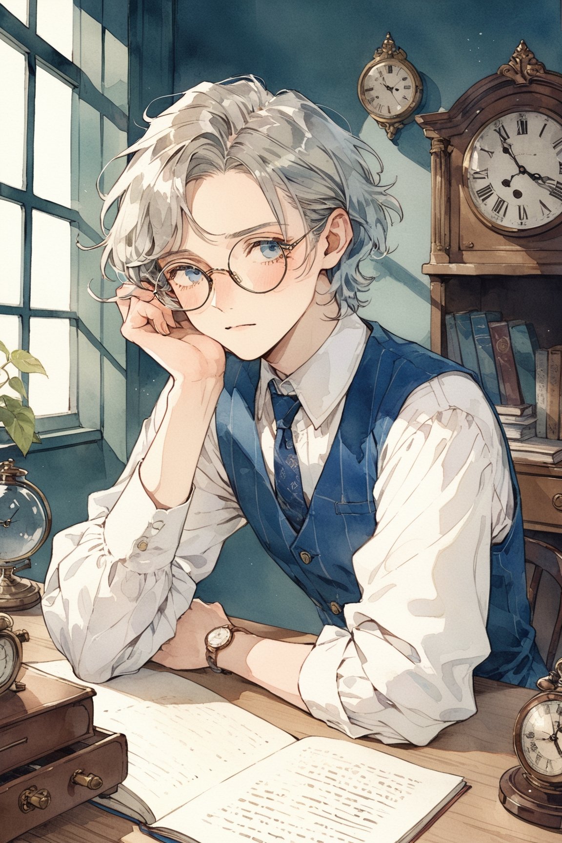 masterpiece, best quality, aesthetic,a composed man,(round glasses:1.2),Retro clothing,grey hair BREAK blue eye,(clock:0.5),indoors,natural light,tareme,Middle-aged,retro desk