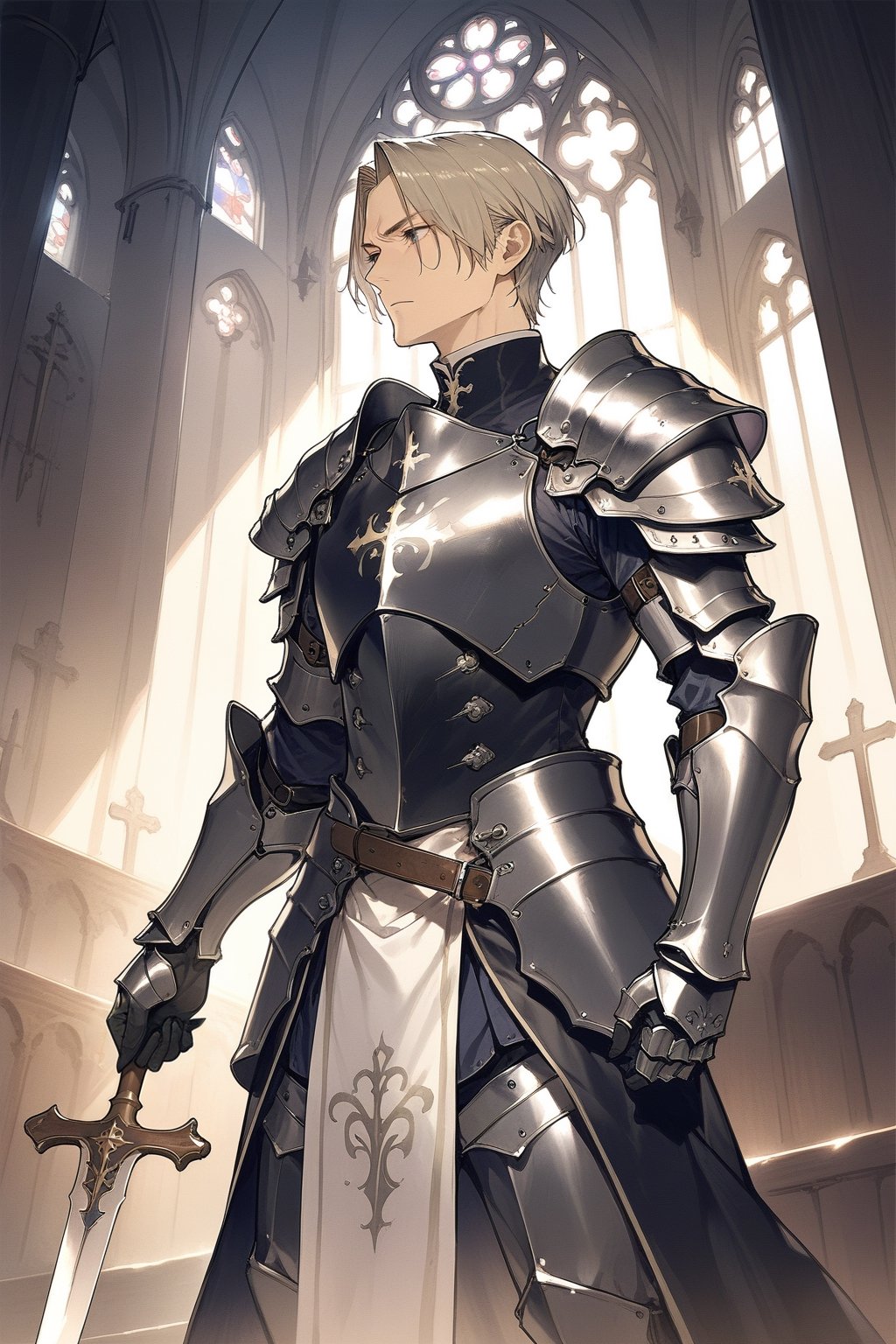 masterpiece,  best quality,  aesthetic ,a Mature man_knight in full armor,church