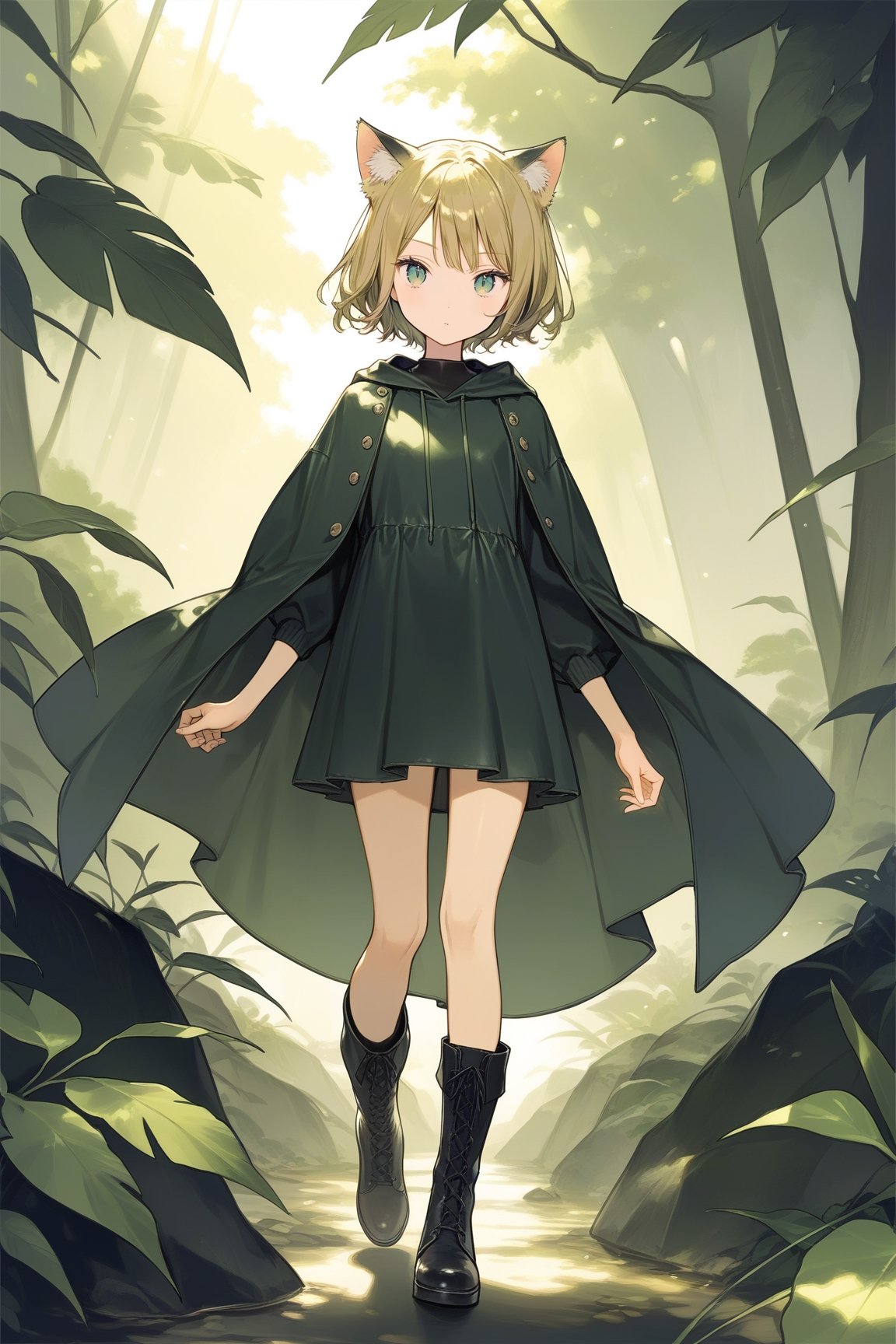 a lovely girl,gold short hair BREAK green-cloaked ranger,cat ear,leather_long fall boots,jungle,natural light,masterpiece,absurdres,best quality,aesthetic