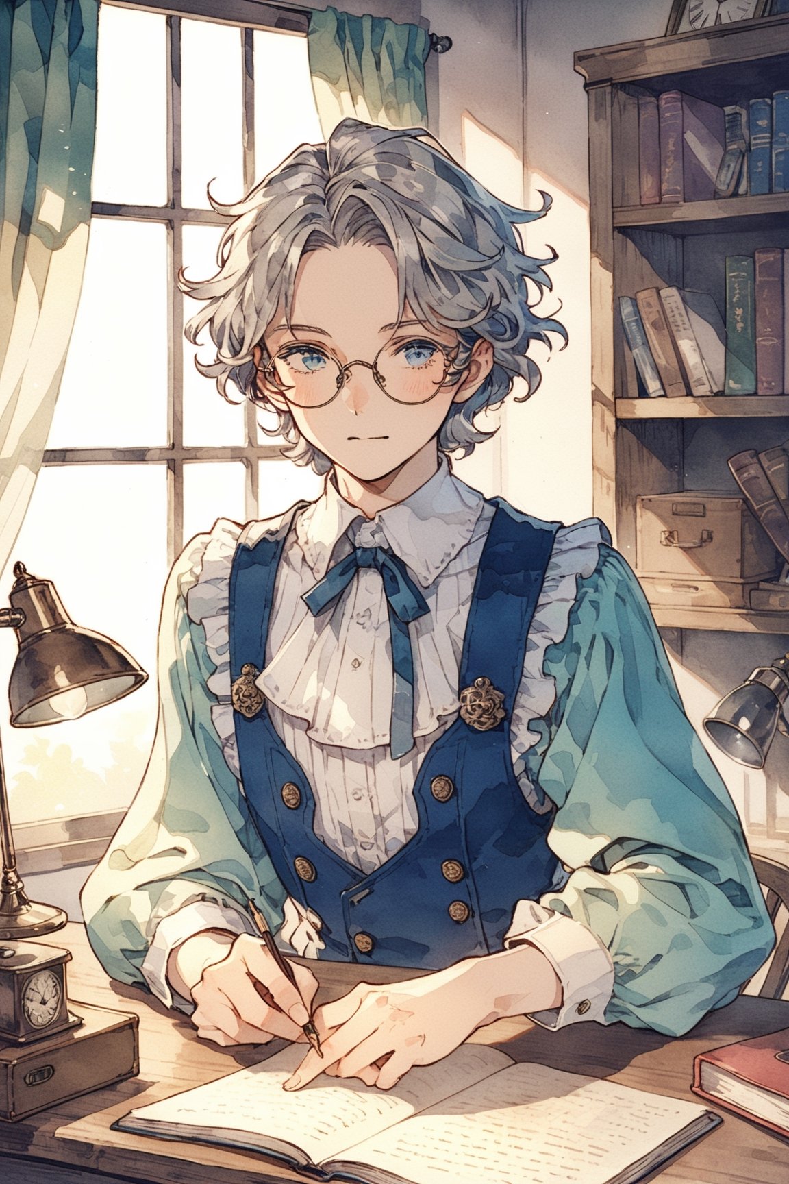 masterpiece, best quality, aesthetic,a composed man,(round glasses:1.2),Retro clothing,grey hair BREAK blue eye,(clock:0.5),indoors,natural light,tareme,Middle-aged,retro desk,retro artstyle