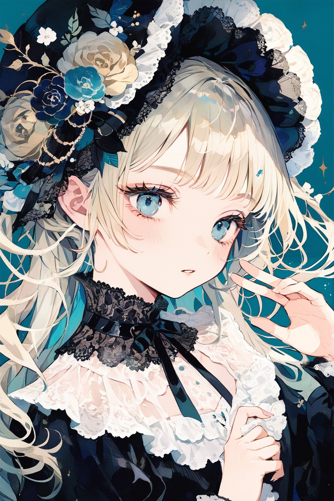 a mysterious girl,golden hair in a bun,blue-green eyes,fascinator,Lolita,veiled hat,emo,masterpiece, best quality, aesthetic