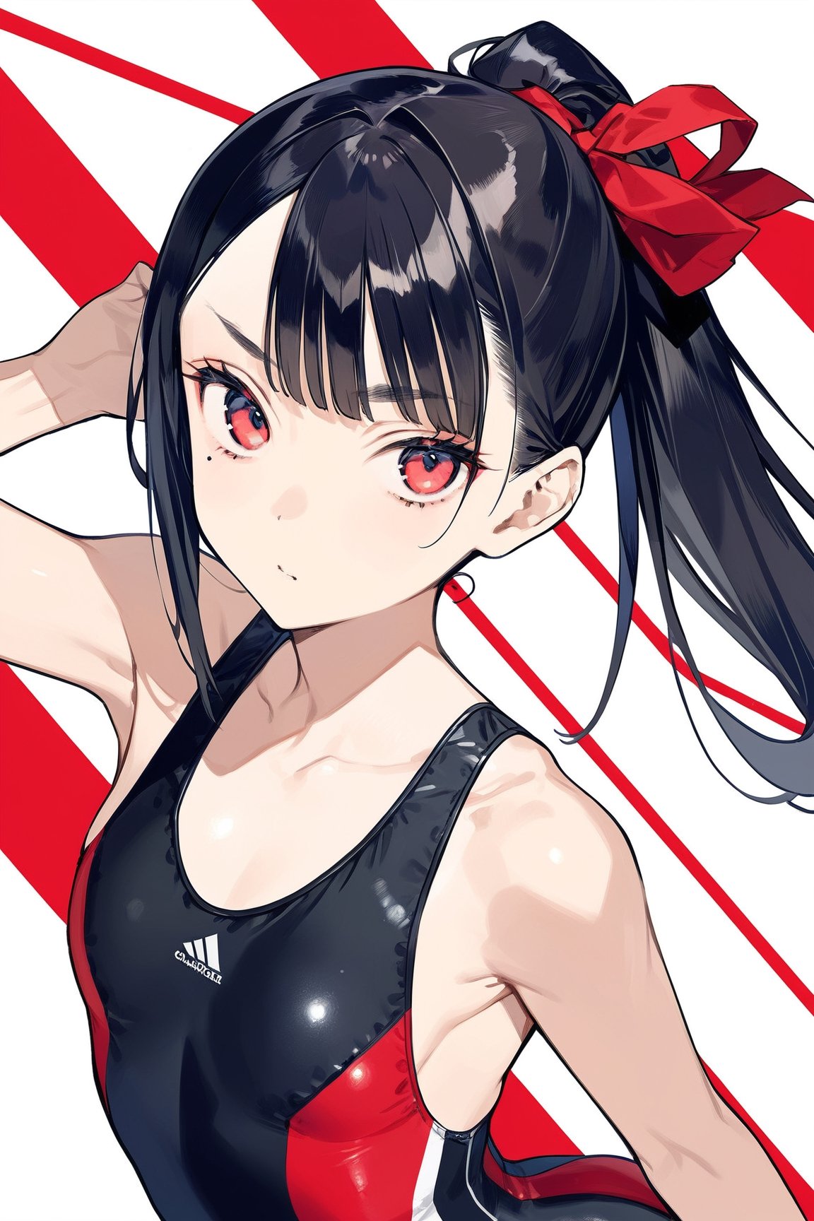 masterpiece, best quality,aesthetic,A mature woman,Sister,Thick brows,(diagonal bangs:1.2),ponytail,hair ribbon,black Smooth long hairred,black straight hair BREAK (red competition swimsuit:1.4),(full shot:1.6),looking at viewer,(mole under eye:1.2),diagonal bangs,Geometric creative background

