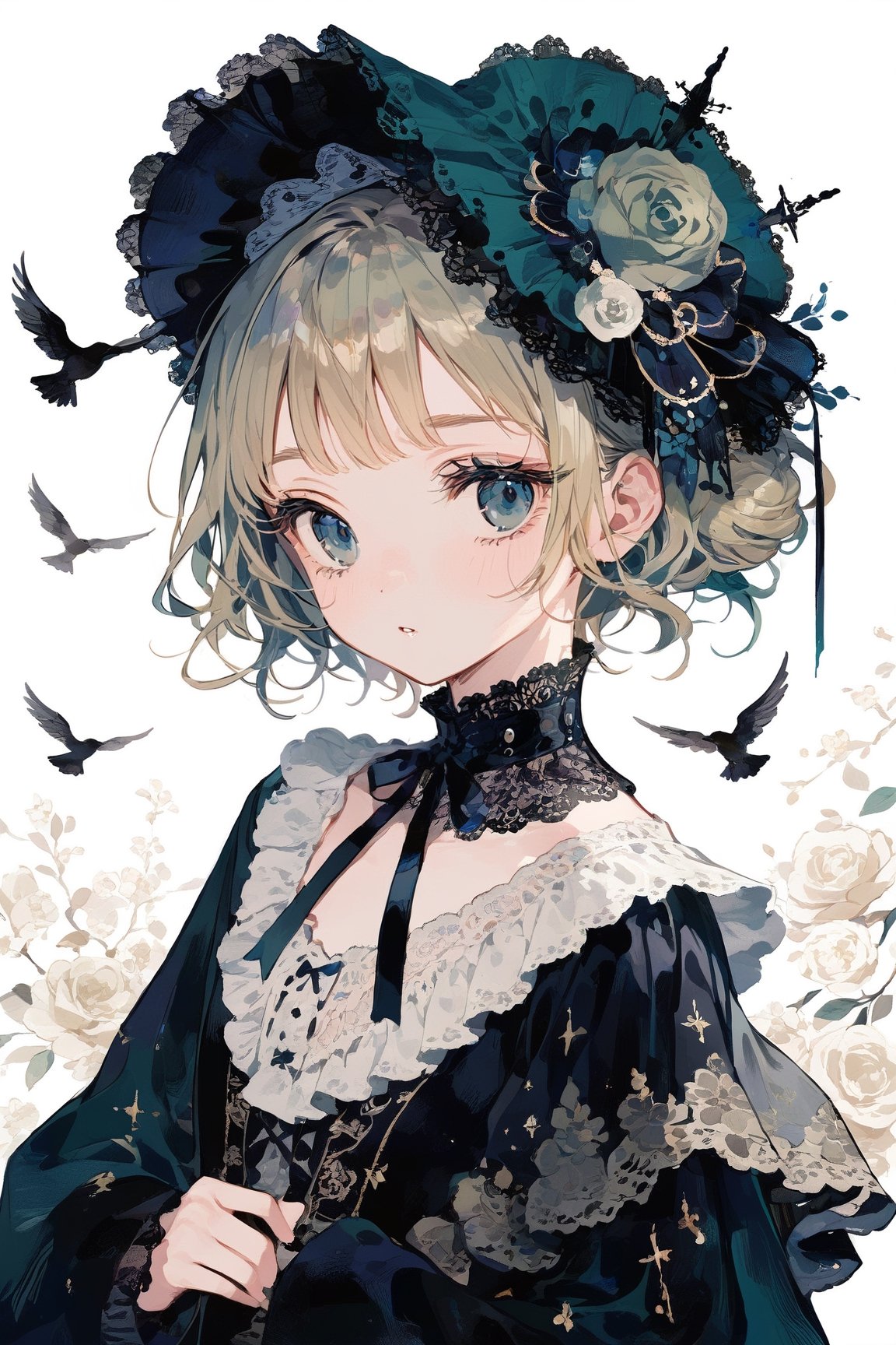 a mysterious girl,golden hair in a bun,blue-green eyes,fascinator,Lolita,veiled hat,emo,masterpiece, best quality, aesthetic