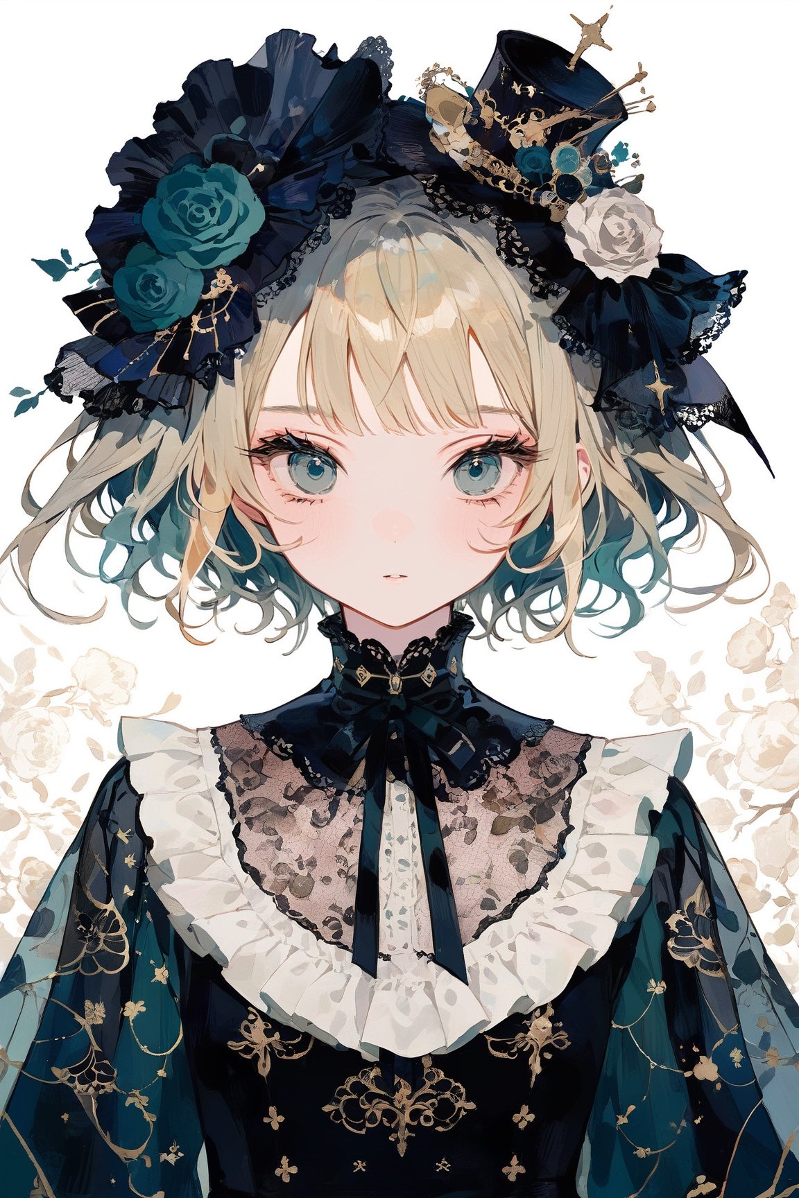 a mysterious girl,golden hair in a bun,blue-green eyes,fascinator,Lolita,veiled hat,emo,masterpiece, best quality, aesthetic