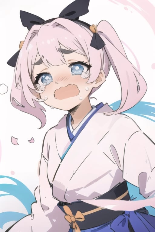 masterpiece,absurdres,best quality,extremely detailed,highres,Pretty girl,（Pale pink twintails1.2）,Black bow headband,Thin eyebrows,light blue eyes,（Sakura kimono：1.4）,Long skirts,Touched smile,Facial flushing,Floating petals,IncrsSesCry,perfect light,streaming tears,crying