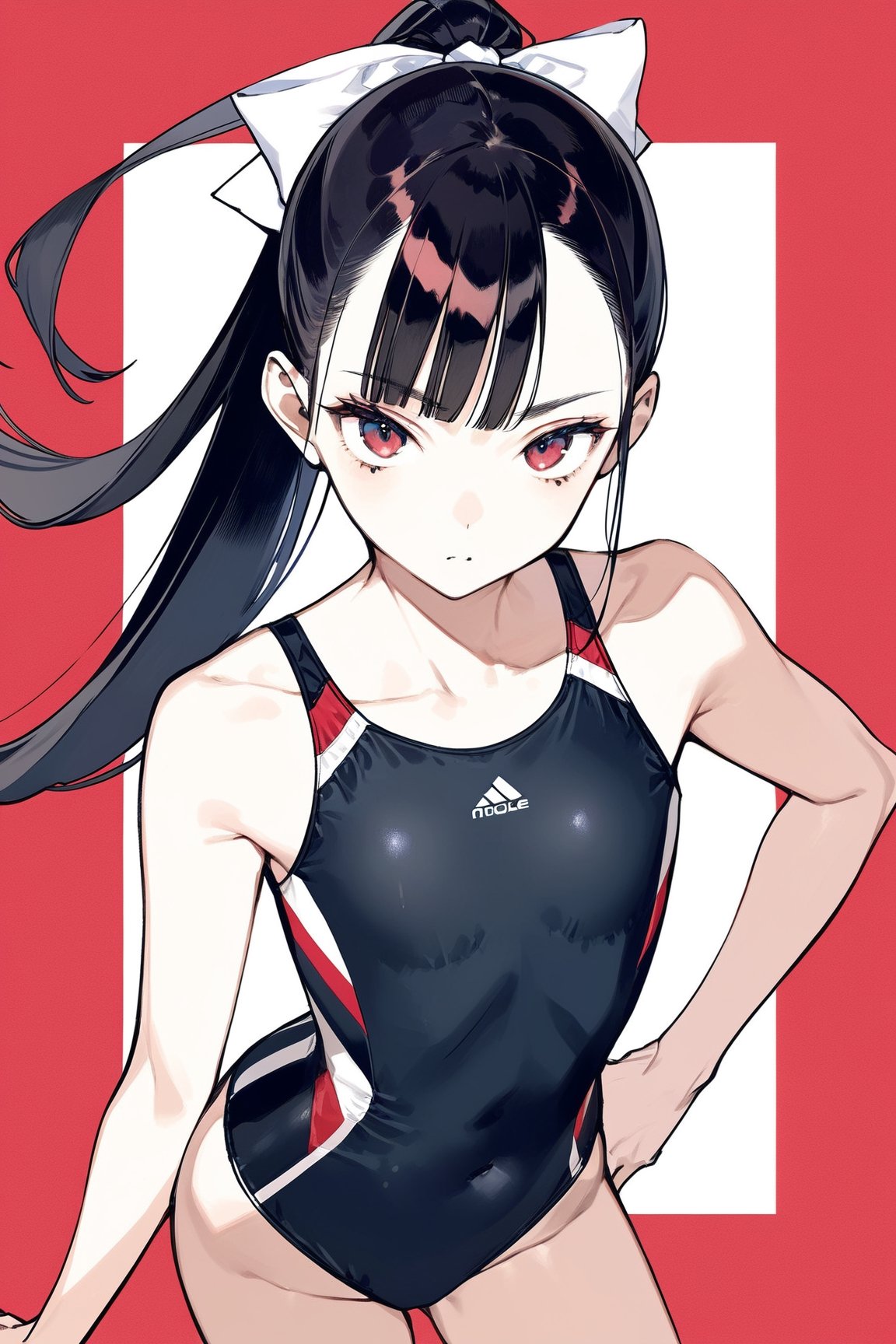 masterpiece, best quality,aesthetic,A mature woman,Sister,Thick brows,(diagonal bangs:1.2),ponytail,hair ribbon,black Smooth long hairred,black straight hair BREAK (red competition swimsuit:1.4),(full shot:1.6),looking at viewer,(mole under eye:1.2),diagonal bangs,Geometric creative background

