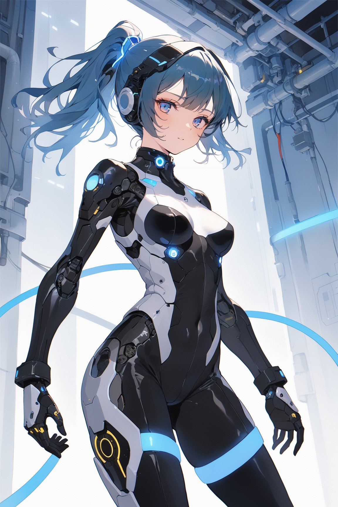 A female mecha pilot,  black Tight-fitting pilot suit,  blue Ponytail by ccqxin on Tensor.Art