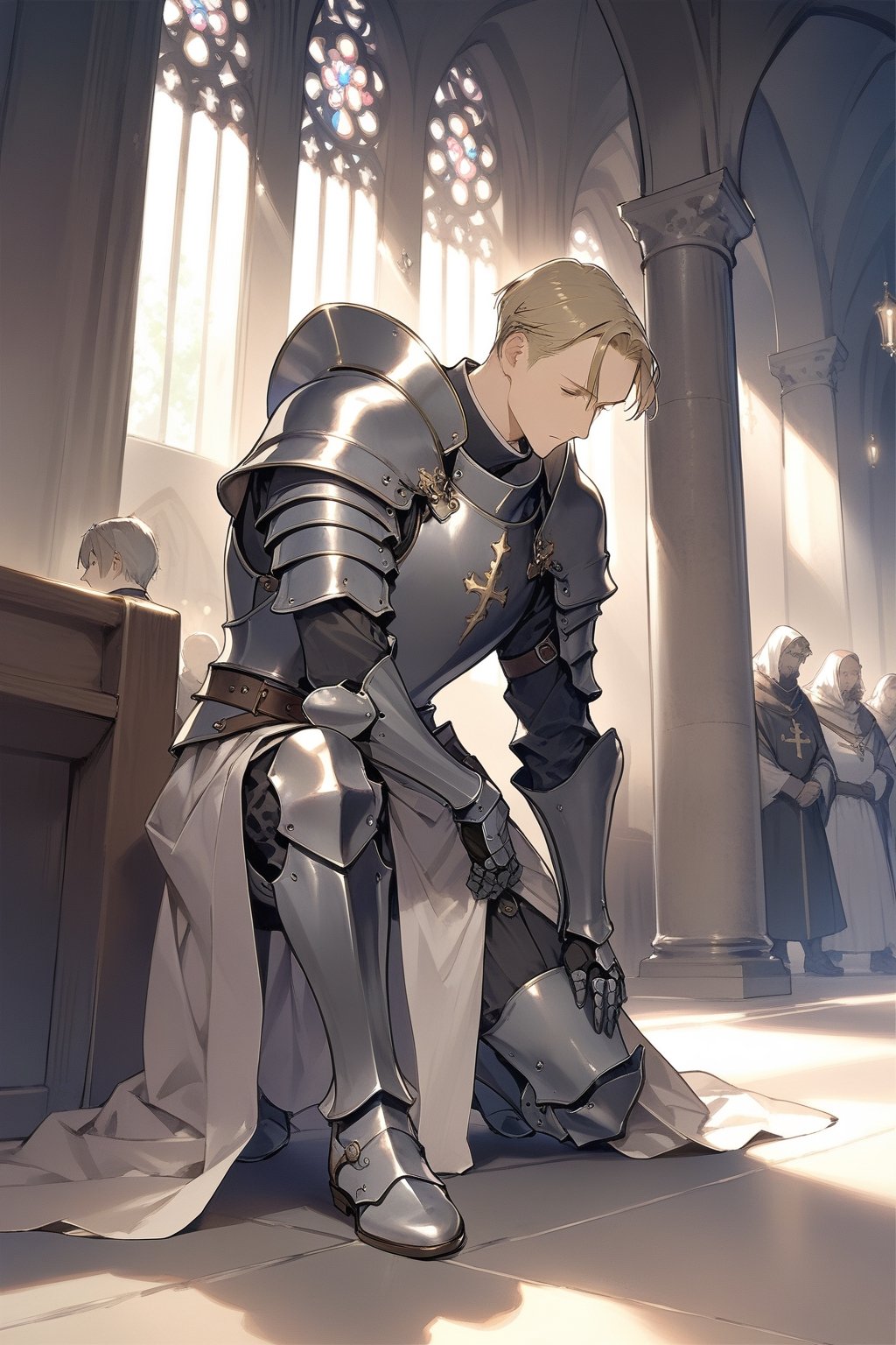 masterpiece,  best quality,  aesthetic ,a Mature man_knight in full armor,head down,church,knight's kneeling