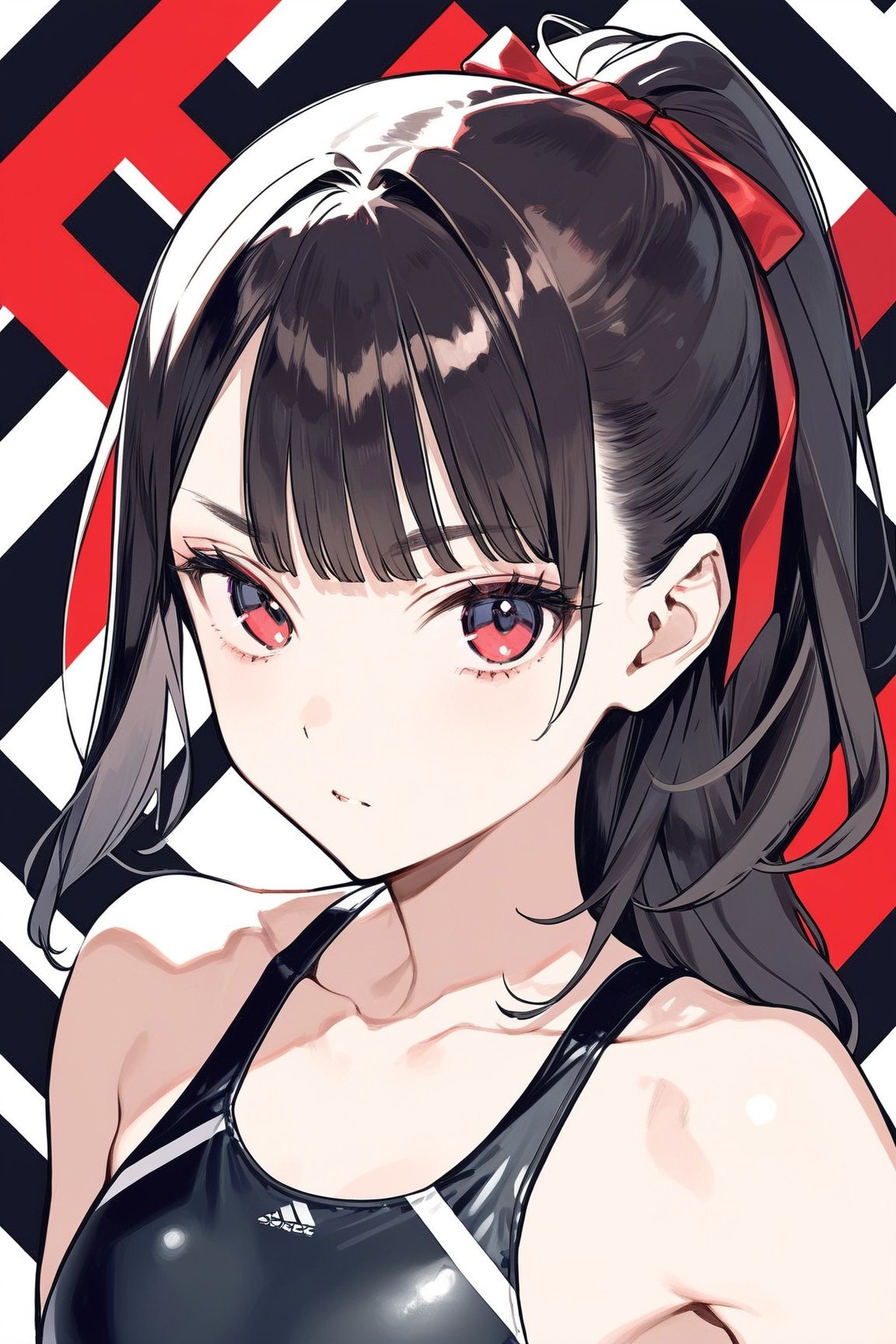 masterpiece, best quality,aesthetic,A mature woman,Sister,Thick brows,(diagonal bangs:1.2),ponytail,hair ribbon,black Smooth long hairred,black straight hair BREAK (red competition swimsuit:1.4),(full shot:1.4),looking at viewer,mole under eye,diagonal bangs,Geometric creative background

