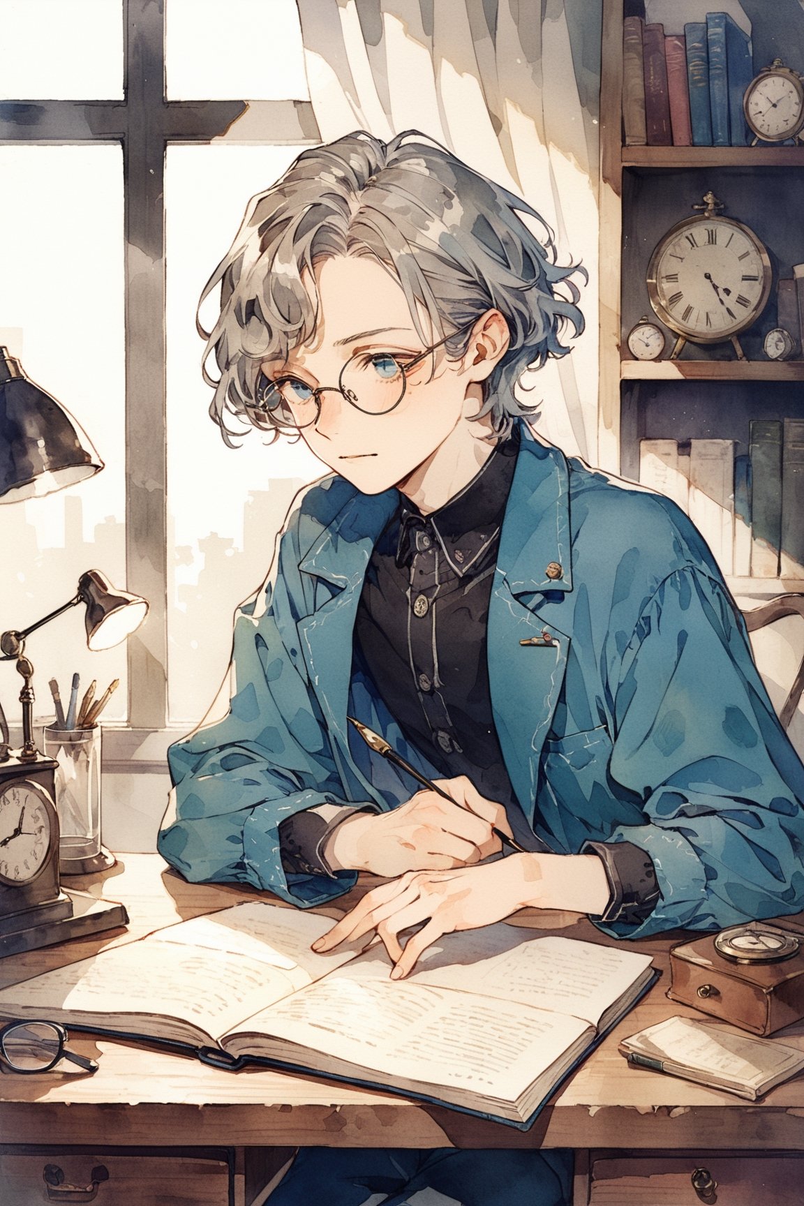 masterpiece, best quality, aesthetic,a composed man,(round glasses:1.2),Retro clothing,grey hair BREAK blue eye,(clock:0.5),indoors,natural light,tareme,Middle-aged,retro desk