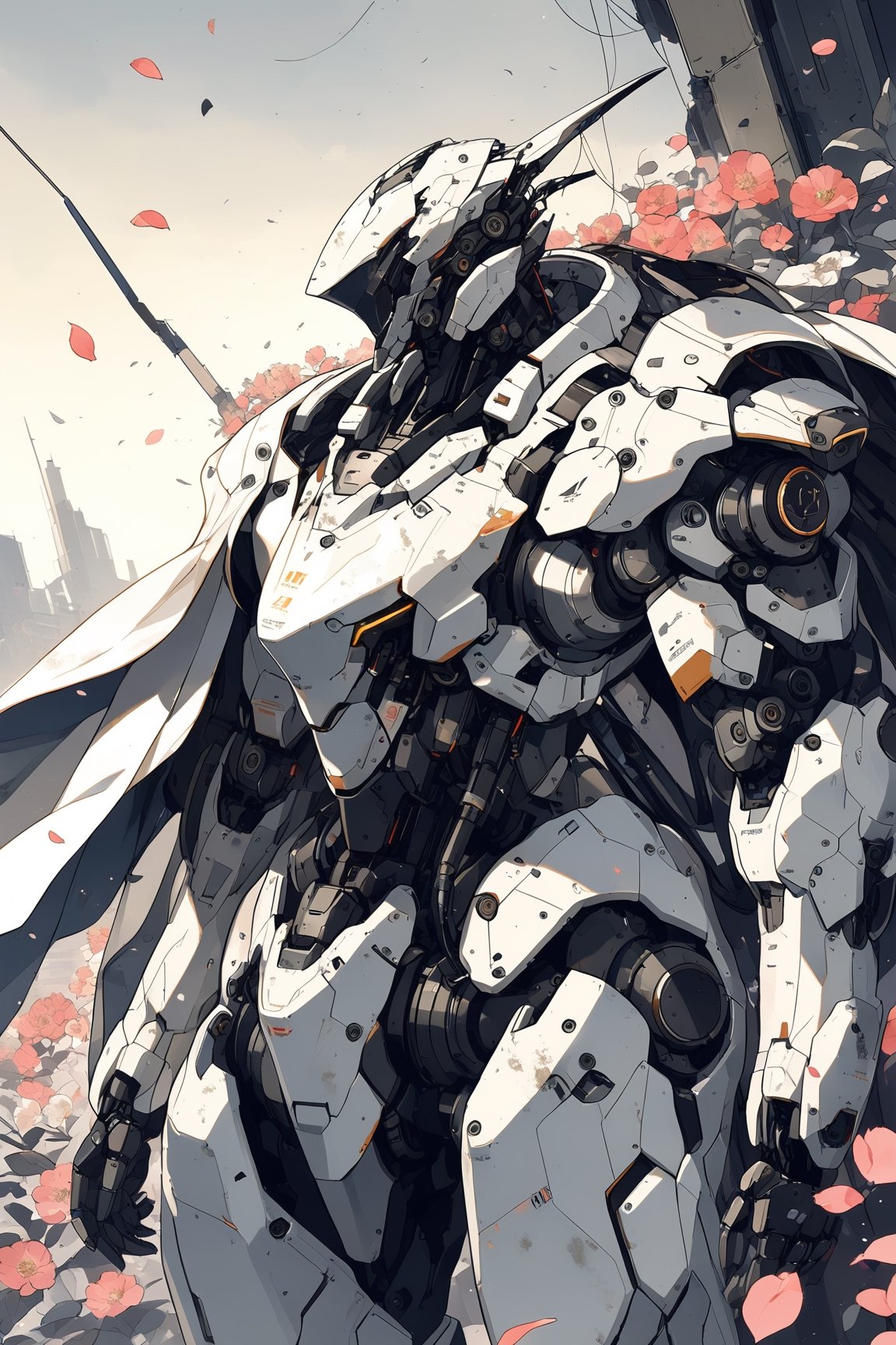 masterpiece, best quality, aethetic,robot,science fiction,rough,damaged, dirty,backpack,high-precision sensor,ash,flower,petals,wind,cape,geometric background