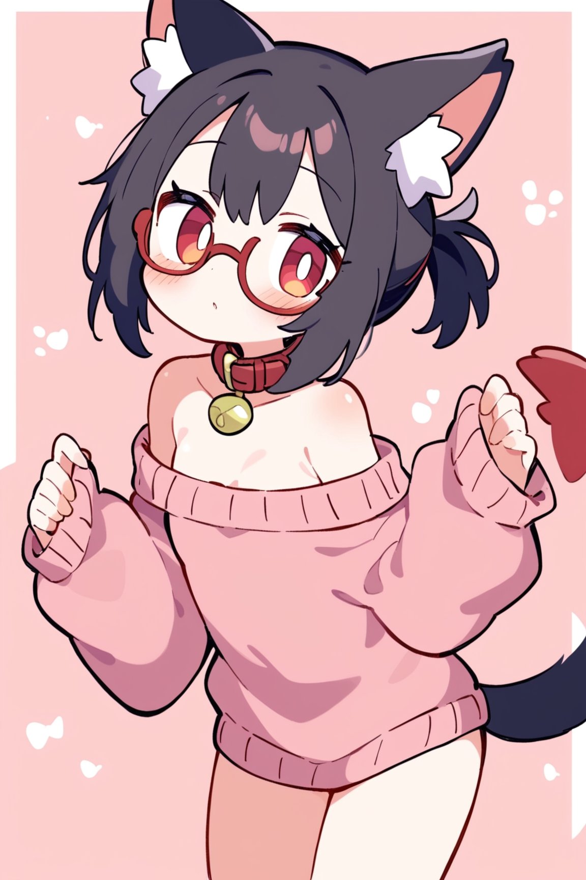 masterpiece, best quality,pokemon \(Mew)\,1girl,solo,Tekeli,black fox ears,animal ear fluff,black fox tail,black hair,red inner hair,short ponytail,sidelocks,(red eyes:1.3),red_glasses,fashion,cat_collar,blush,off-shoulder sweater,flat chest,otoko no ko,white border,pokemon \(Mew)\