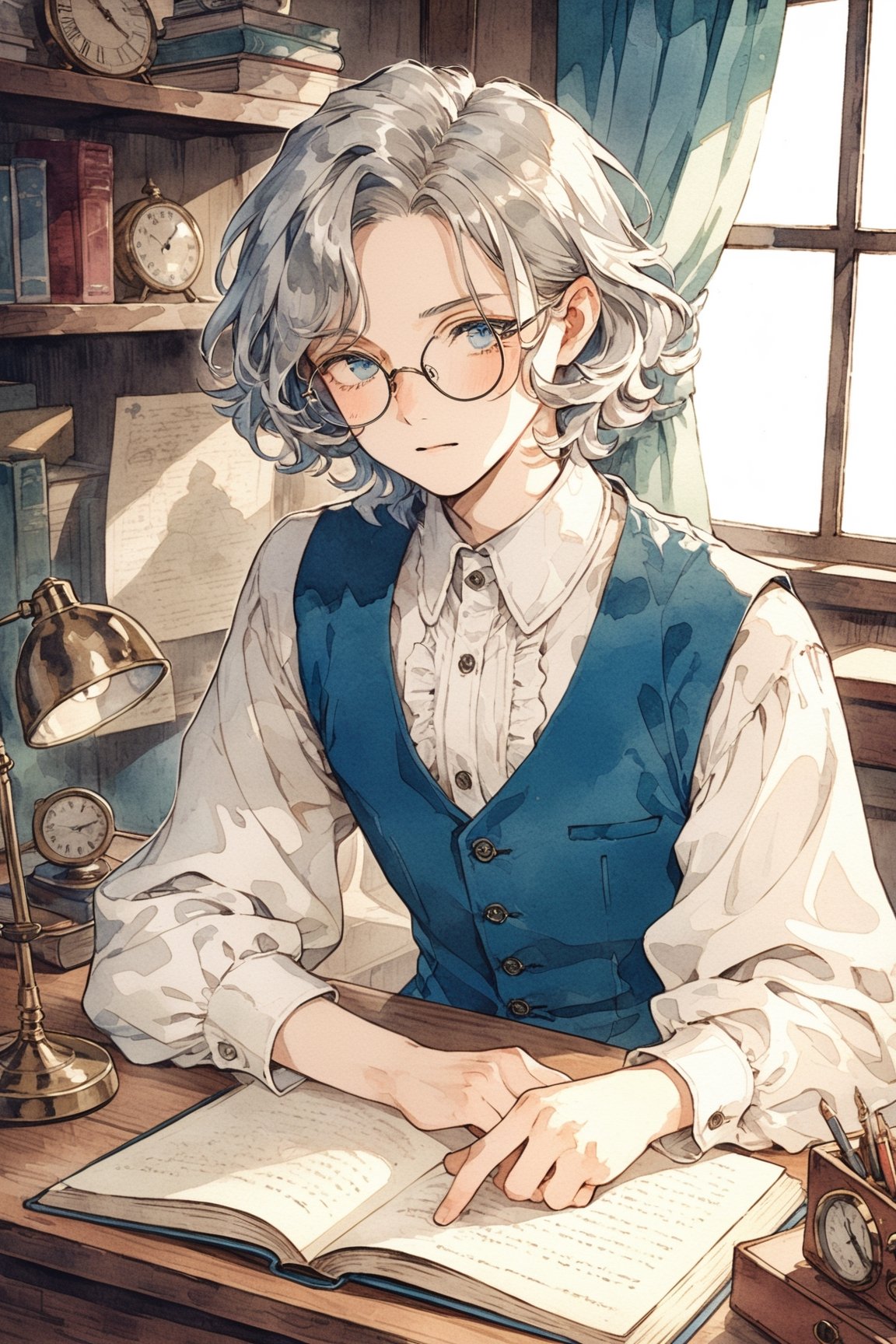 masterpiece, best quality, aesthetic,a composed man,(round glasses:1.2),Retro clothing,grey hair BREAK blue eye,(clock:0.4),indoors,natural light,tareme,Middle-aged,retro desk,retro artstyle