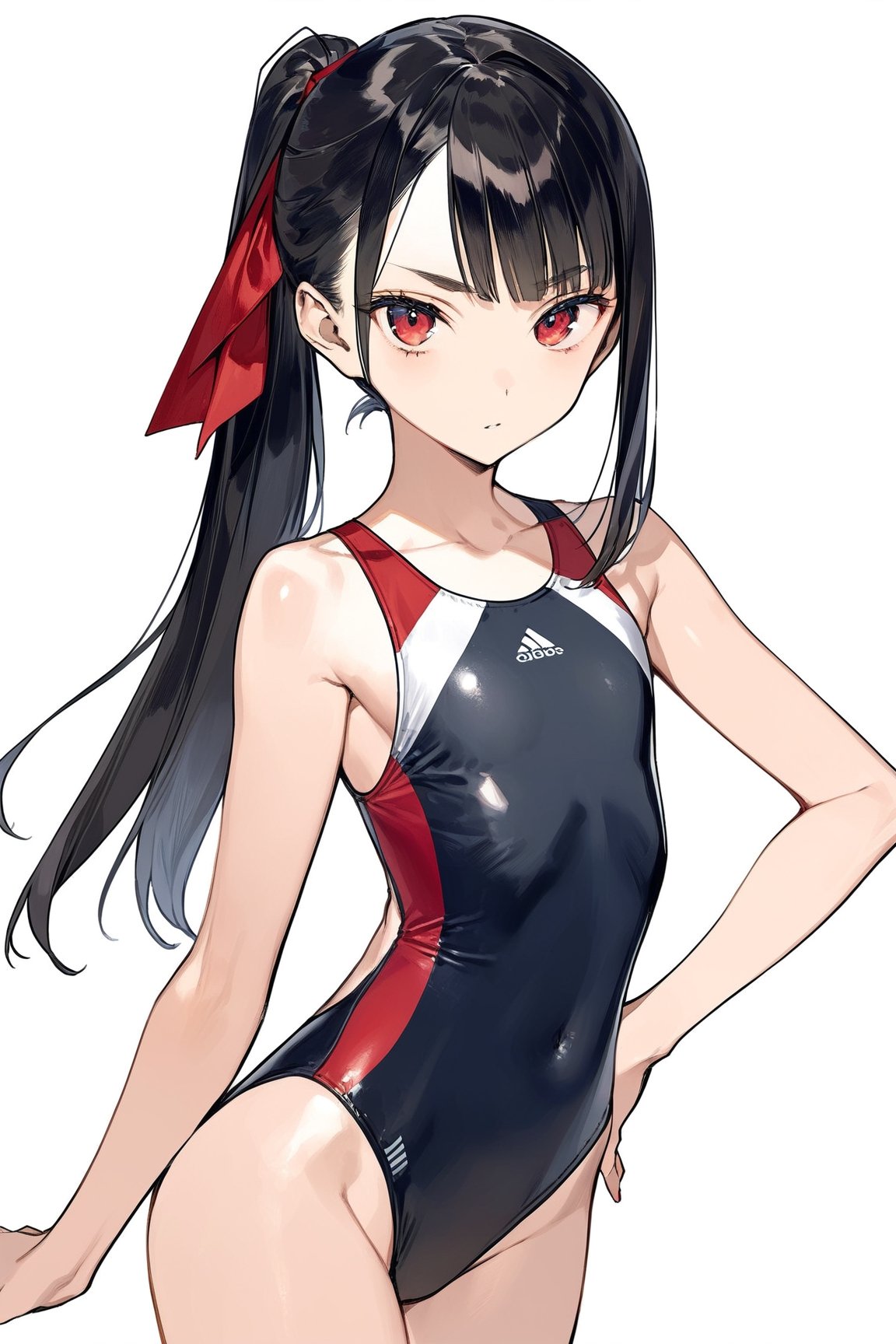 masterpiece, best quality,aesthetic,A mature woman,Sister,Thick brows,(diagonal bangs:1.2),ponytail,hair ribbon,black Smooth long hairred,black straight hair BREAK (red competition swimsuit:1.4),(full shot:1.4),looking at viewer,mole under eye,diagonal bangs

