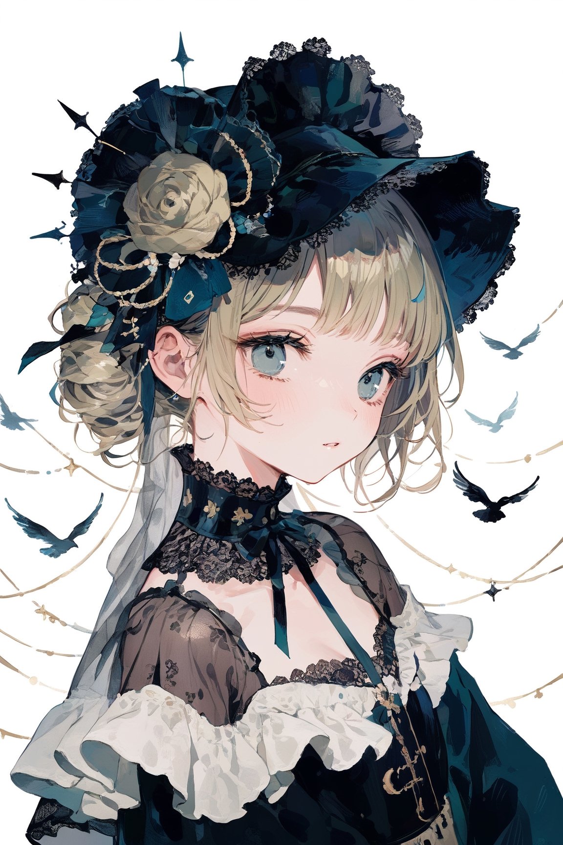 a mysterious girl,golden hair in a bun,blue-green eyes,fascinator,Lolita,veiled hat,emo,masterpiece, best quality, aesthetic