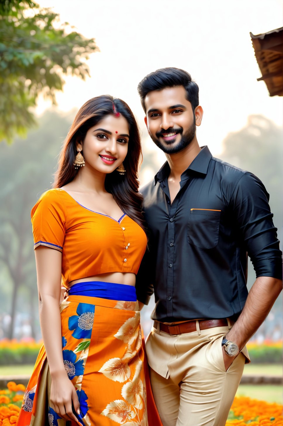 beautiful young couple, HD Face, masterpiece, best quality, realistic, 1girl, indian golden dress, traditional flower printed skirt, black HD eyes look at viewer, real lips, real HD image, HD face, handsome man, fair skin, real indian eyes, orenge colour shirt, real HD face, clean shave, full body shot head to toe, HD smile, love in founten park,