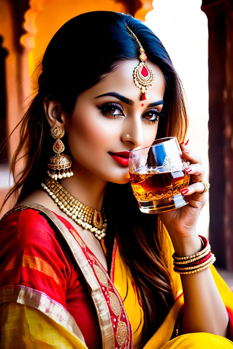 Rajasthani royal beuty, wearing red yellow chunari, whisky glass, drinking whiskey,