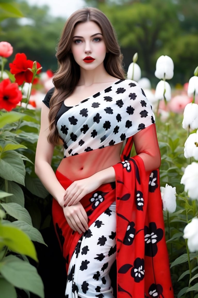 beautiful girl, flower printed saree, real Indian beauty, real black eyes, red lips, in the flower garden, full photo, look at viewer,