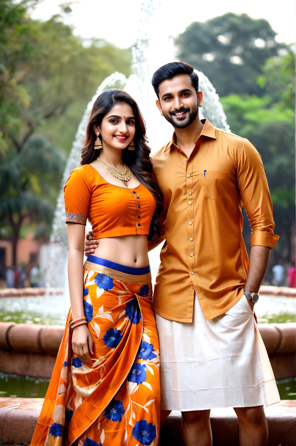 beautiful young couple, HD Face, masterpiece, best quality, realistic, 1girl, indian golden dress, traditional flower printed skirt, black HD eyes look at viewer, real lips, real HD image, HD face, handsome man, fair skin, real indian eyes, orenge colour shirt, real HD face, clean shave, full body shot head to toe, HD smile, love in fountain park,