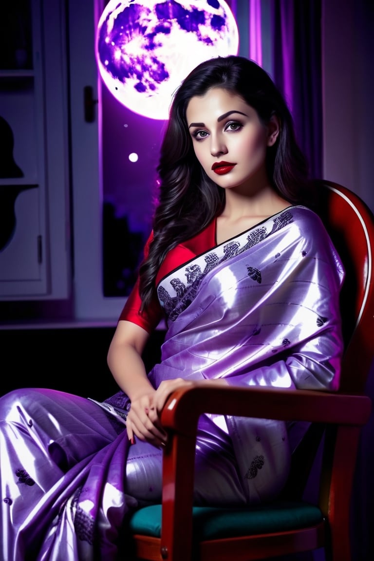 beautiful girl, purple silver printed saree, real Indian beauty, real black eyes, red lips, in the moon light, cool light, full photo, sitting on the chair, look at viewer,