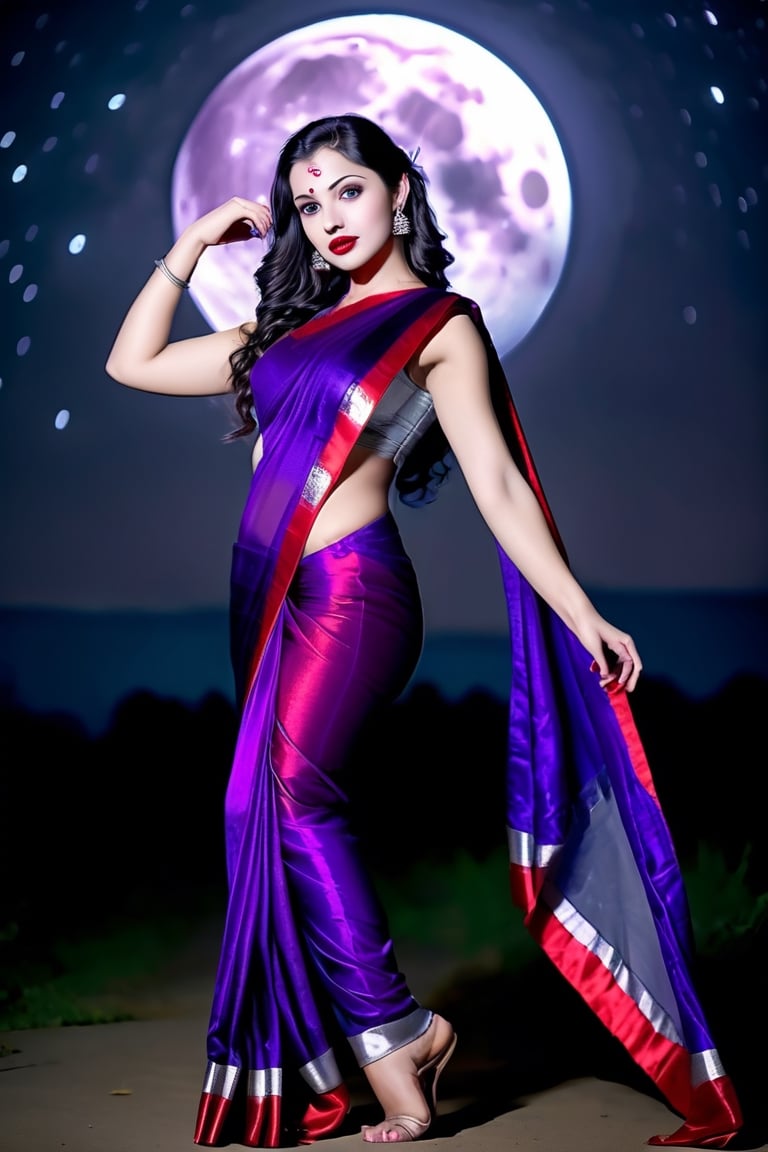 beautiful girl, purple silver saree, real Indian beauty, real black eyes, red lips, in the moon light, full photo, legs dance, look at viewer,