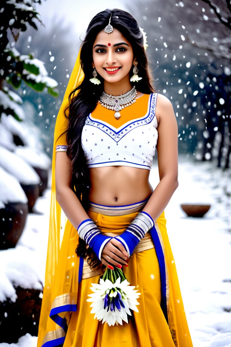 beautiful shiva girl, realistic Indian beauty, yellow ghagra, black HD eyes, look at viewer, real lips, real skin tone, real HD image, HD face, full body shot head to toe, HD smile, shivlinga pray with flowers, in snow fall,