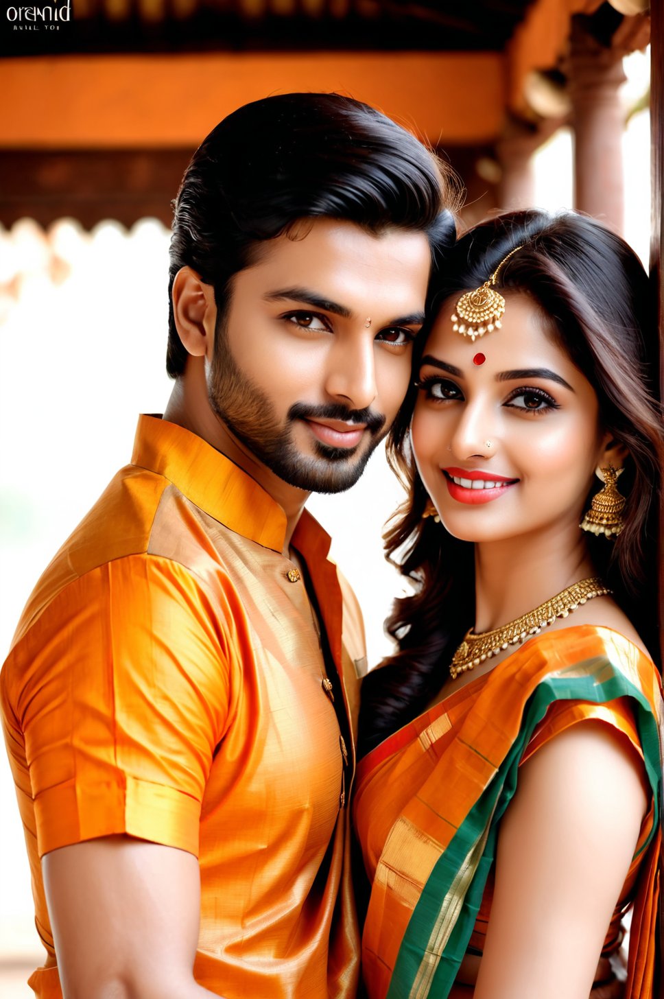 beautiful young couple, HD Face, masterpiece, best quality, realistic, 1girl, indian golden dress, traditional star printed saree, black HD eyes look at viewer, real lips, real HD image, HD face, handsome man, fair skin, real indian eyes, orenge colour shirt, traditional dhoti, real HD face, clean shave, full body shot head to toe, HD smile, take tea in the tea hut,