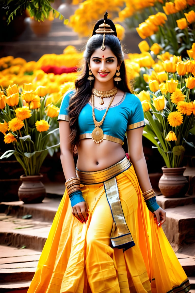 beautiful shiva girl, realistic Indian beauty, yellow ghagra, black HD eyes, look at viewer, real lips, real skin tone, real HD image, HD face, full body shot head to toe, HD smile, shiv linga pray with flowers, full photo,