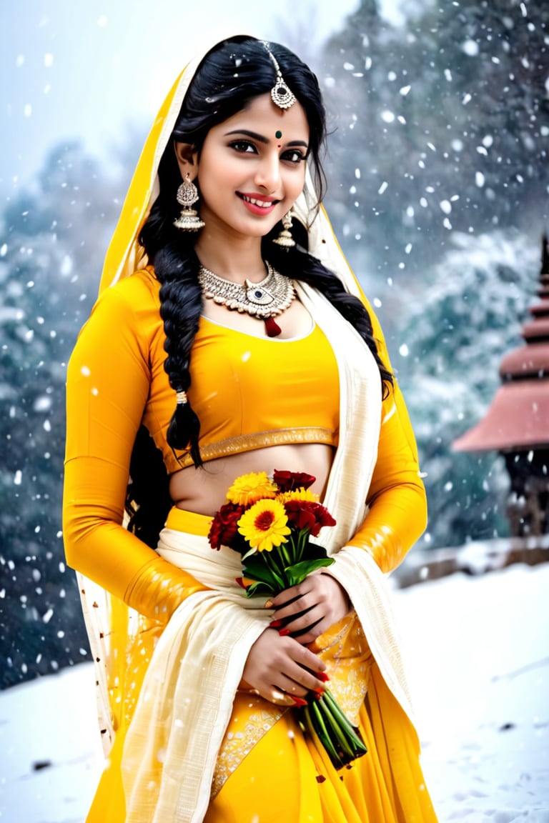 beautiful shiva girl, realistic Indian beauty, yellow ghagra, black HD eyes, look at viewer, real lips, real skin tone, real HD image, HD face, full body shot head to toe, HD smile, shiv linga pray with flowers, in snow fall,