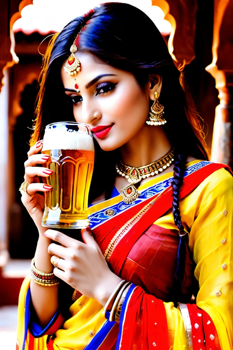 Rajasthani beuty, wearing red yellow chunari, beer mug, drinking beer,