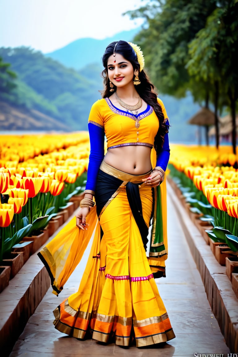 beautiful shiva girl, realistic Indian beauty, yellow ghagra, black HD eyes, look at viewer, real lips, real skin tone, real HD image, HD face, full body shot head to toe, HD smile, shivlinga pray with flowers, near ruver,