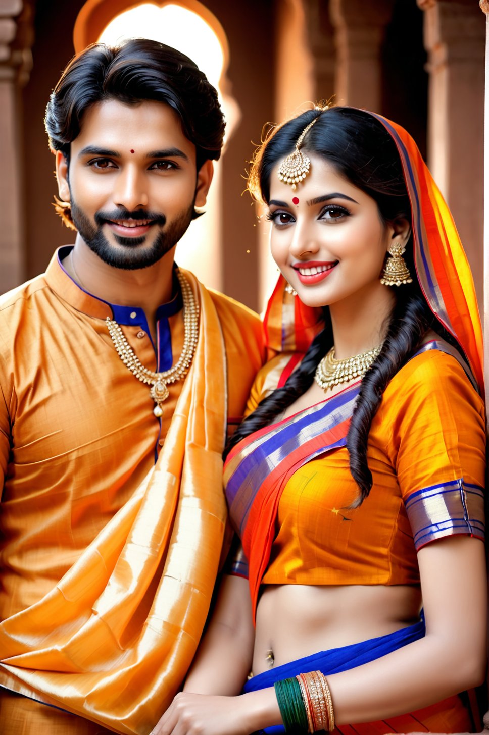 beautiful young couple, HD Face, masterpiece, best quality, realistic, 1girl, indian golden dress, traditional stars printed saree, black HD eyes look at viewer, real lips, real HD image, HD face, handsome man, fair skin, real indian eyes, orenge colour shirt, traditional dhoti, real HD face, clean shave, full body shot head to toe, HD smile, kissing hug,